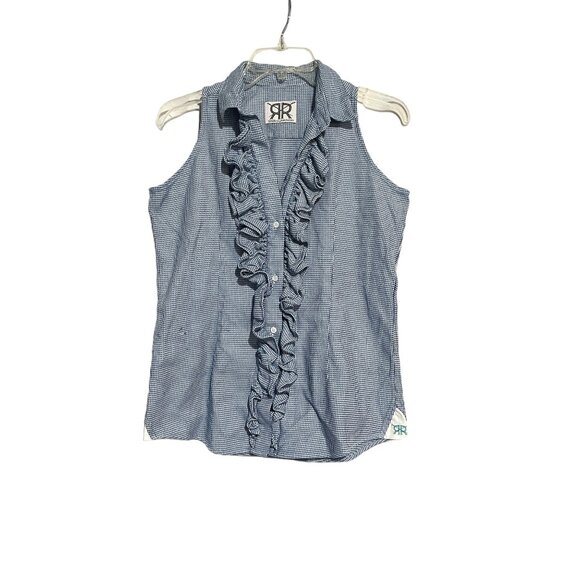 Double R By Ravi Ratan Women's Top Blouse Sleeveless Ruffle Neck Blue Size M - Picture 1 of 6